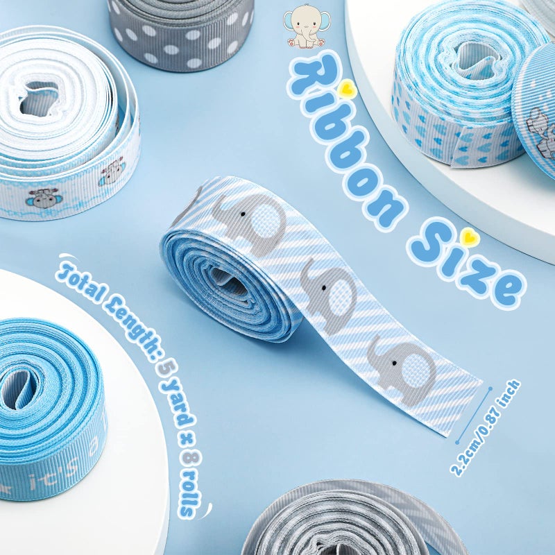 Ysleen 8 Roll Baby Elephant Grosgrain Ribbon 7/8 Inch Baby Shower Craft Ribbon It's a Boy/Girl Foot Print Ribbon for Gift Wrapping Baby Shower Gender Reveal Party Diaper Cake Decor  40 Yard Total (Blue) - Image 2